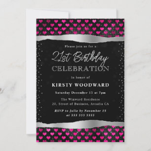 Invitación Corazones de purpurina rosa y negra Cumpleaños 21