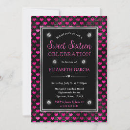 Invitación Corazones de purpurina rosa y negra Sweet Sixteen
