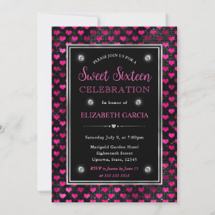 Invitación Corazones de purpurina rosa y negra Sweet Sixteen