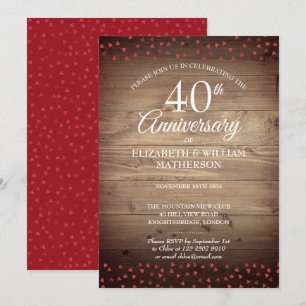 Invitación Corazones de Rubí del 40 Aniversario Madera Rústic