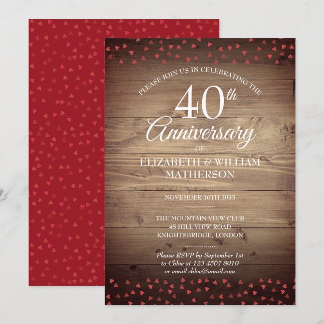 Invitación Corazones de Rubí del 40 Aniversario Madera Rústic (Anverso / Reverso)