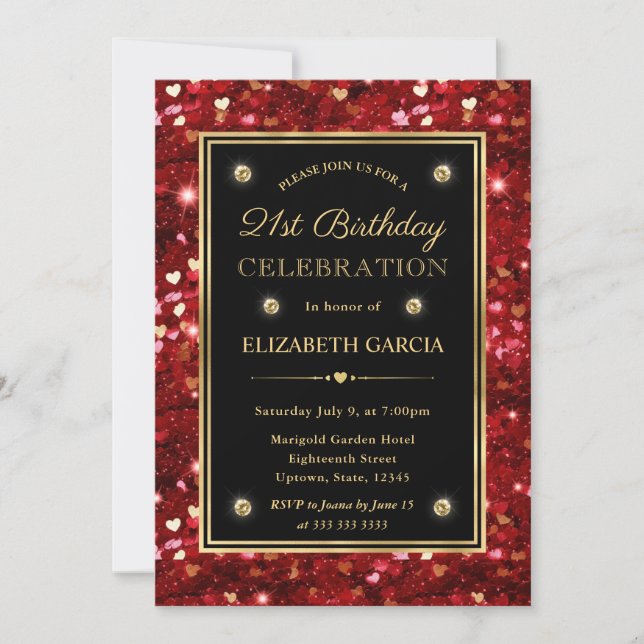 Invitación Corazones de San Valentín con Brillo Rojo Cumpleañ (Anverso)