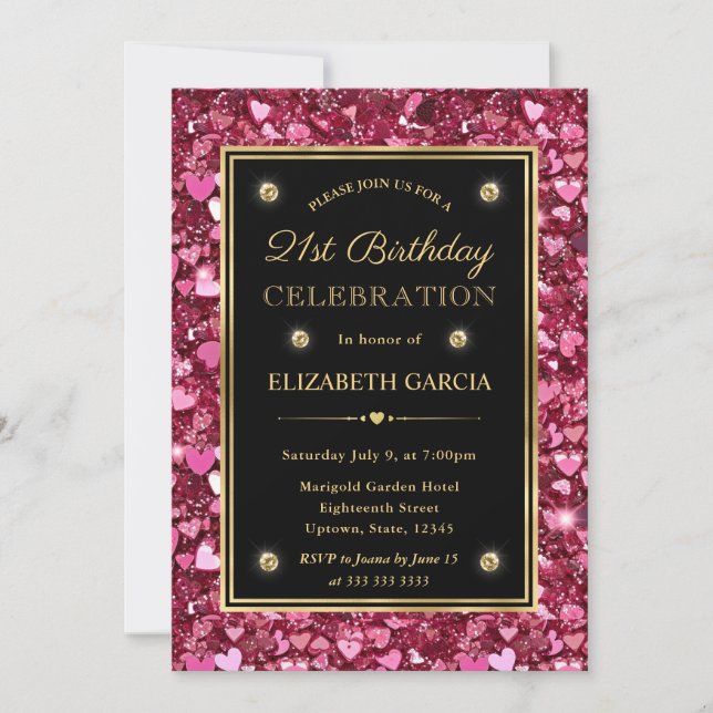 Invitación Corazones de San Valentín con Brillo Rosa Cumpleañ (Anverso)