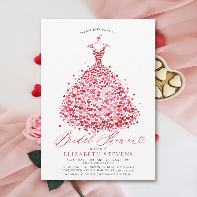 Invitación Corazones de San Valentín Vestidos Elegantes Ducha (valentine bridal shower invitations whimsical hearts watercolor elegant dress modern minimalist red)