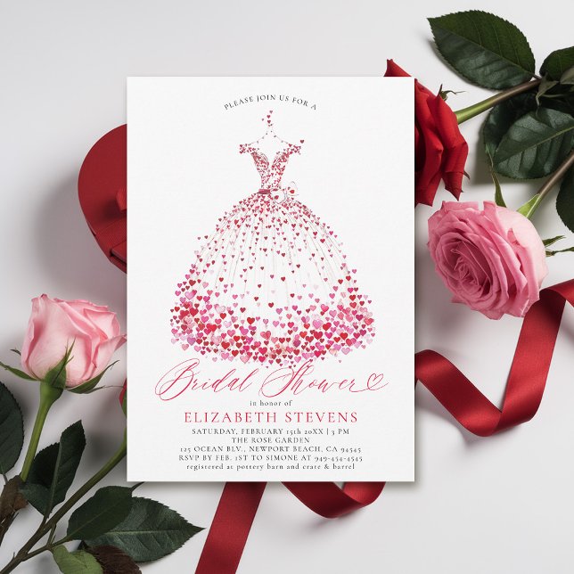 Invitación Corazones de San Valentín Vestidos Elegantes Ducha (valentine bridal shower invitations whimsical hearts watercolor elegant dress bow modern minimalist)