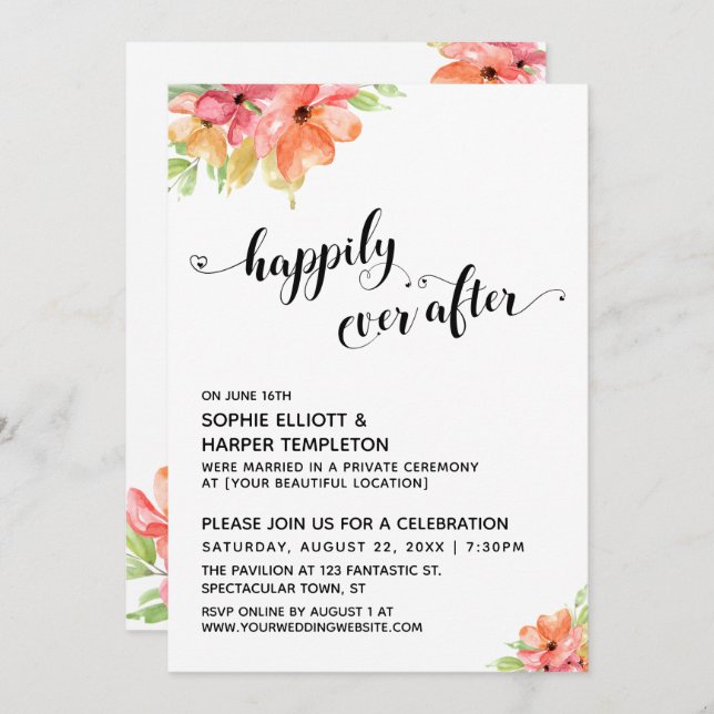 Invitación Corazones de Siempre Felices Guion Acuarela Floral (Anverso / Reverso)