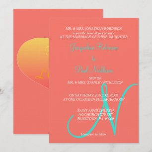 Invitación Corazones de sol Monograma Coral Turquesa
