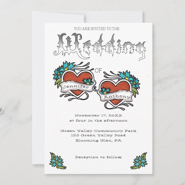 Invitación Corazones de tatuaje y Boda de la letra tatuada (Anverso)
