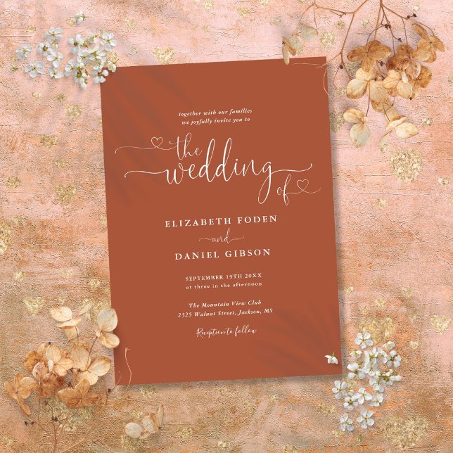 Invitación Corazones de terracota elegantes con caligrafía pa (Elegant Terracotta Hearts Calligraphy Wedding Invitation)