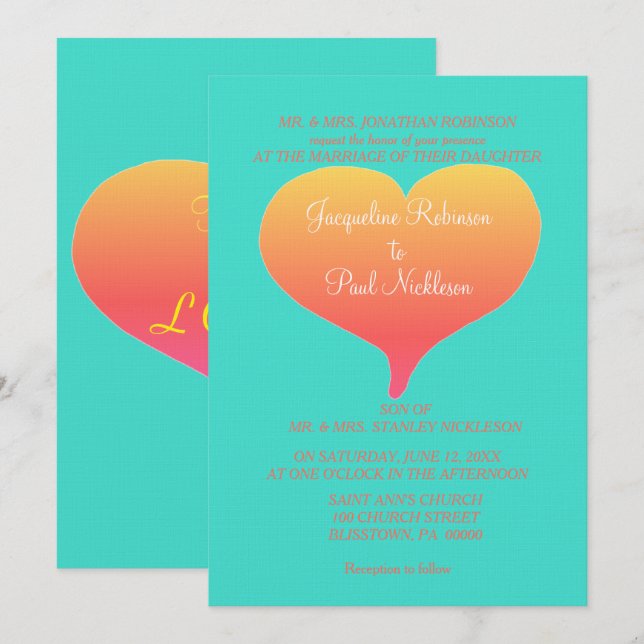 Invitación Corazones de Turquesa en el Atardecer (Anverso / Reverso)