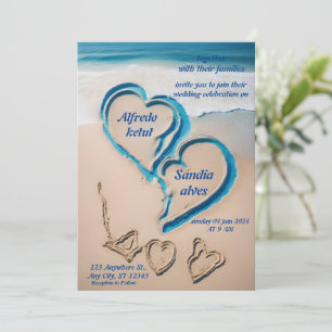 Invitación corazones de verano playa océano azul boda