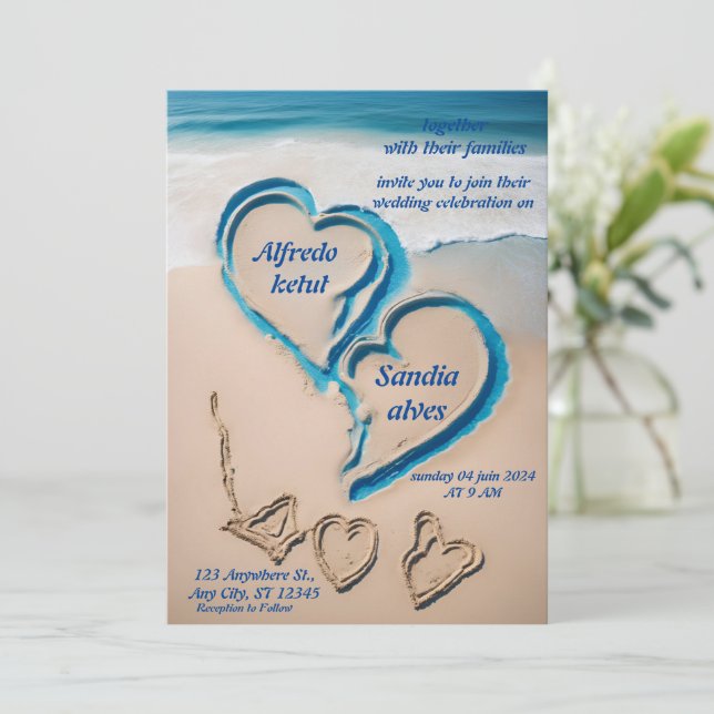 Invitación corazones de verano playa océano azul boda (Anverso de pie)