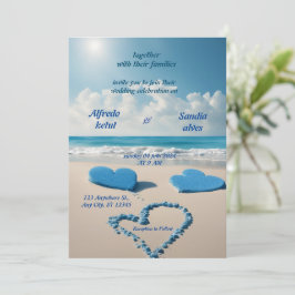 Invitación corazones de verano playa océano azul boda
