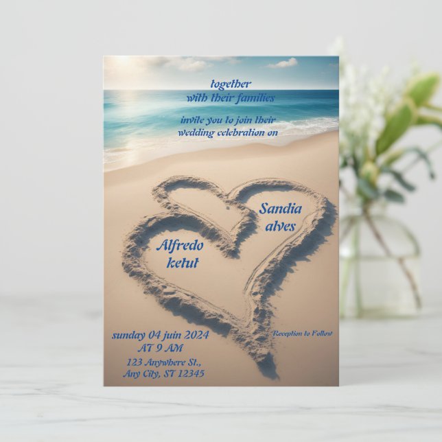 Invitación corazones de verano playa océano azul boda (Anverso de pie)