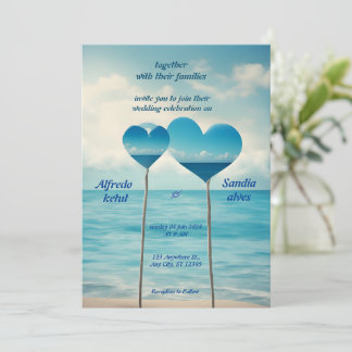 Invitación corazones de verano playa océano azul boda