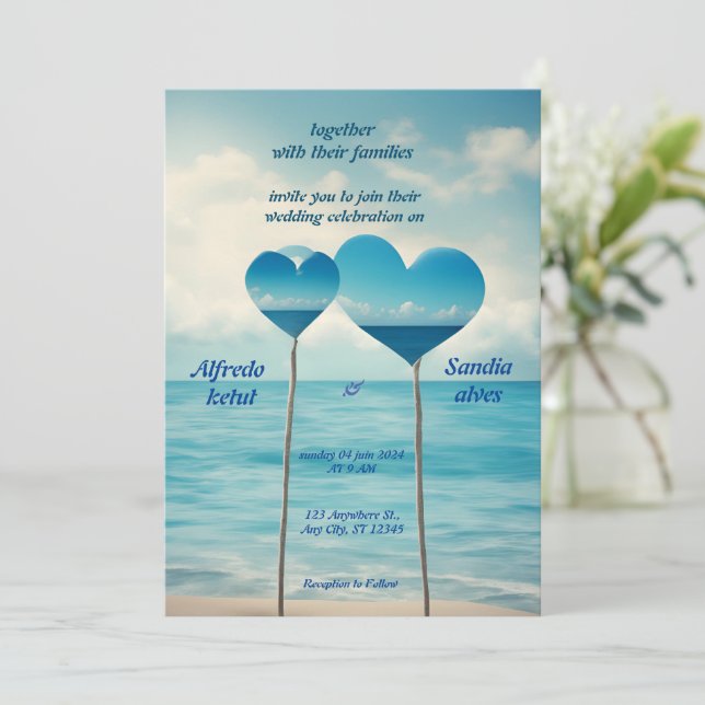 Invitación corazones de verano playa océano azul boda (Anverso de pie)