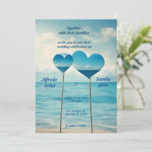 Invitación corazones de verano playa océano azul boda