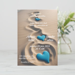 Invitación corazones de verano playa océano azul boda