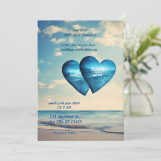 Invitación corazones de verano playa océano azul boda