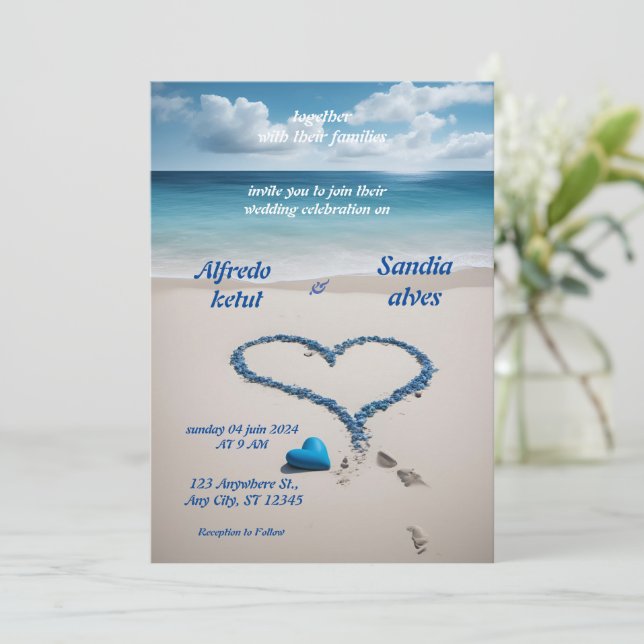 Invitación corazones de verano playa océano azul boda (Anverso de pie)
