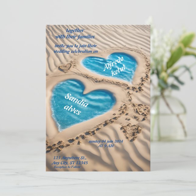 Invitación corazones de verano playa océano azul boda (Anverso de pie)
