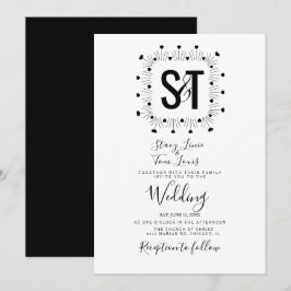 Invitación Corazones Dibujados a Mano Boda Blanco y Negro