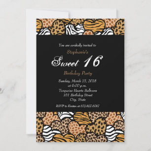 Invitación Corazones divertidos de patrón animal Dulce 16 Inv