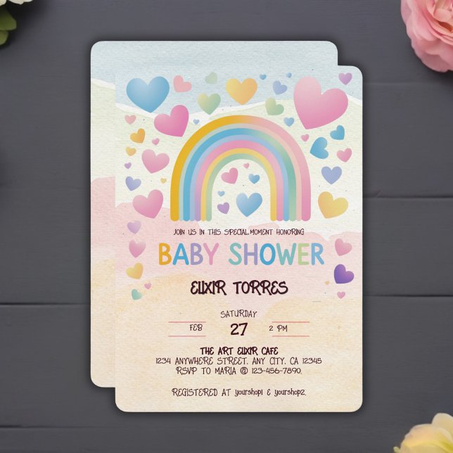 Invitación Corazones divertidos y Baby Shower arcoiris (Subido por el creador)