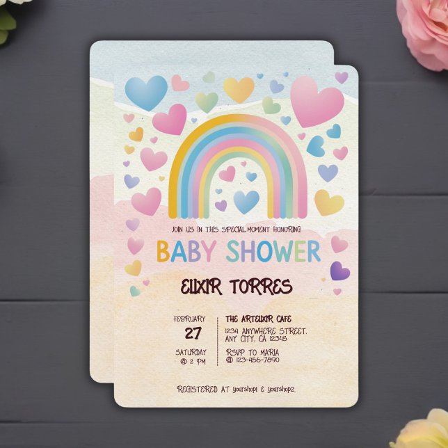 Invitación Corazones divertidos y Baby Shower arcoiris (Subido por el creador)