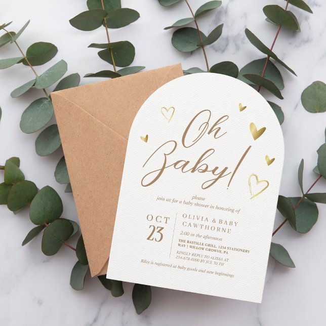 Invitación Corazones dorados neutrales Oh Baby Shower (Subido por el creador)