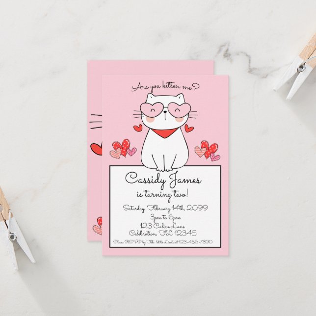 Invitación Corazones Dulces Gatitos, ¿Estás Gatito? Cumpleaño (Anverso/Reverso In Situ)