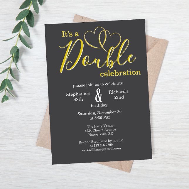 Invitación Corazones elegantes Black Gold Joint Birthday (Subido por el creador)
