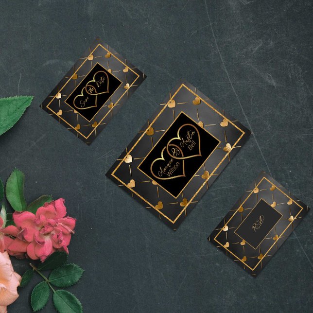 Invitación Corazones elegantes de oro y negro (Subido por el creador)