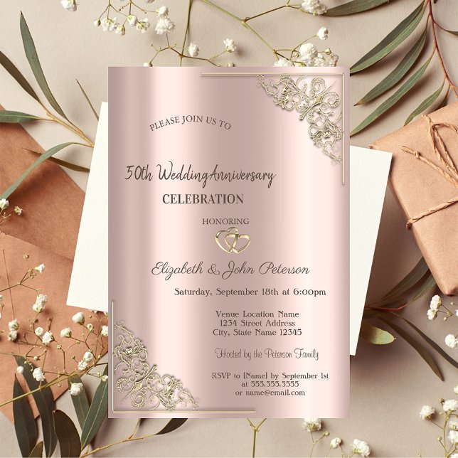 Invitación Corazones Elegantes Marco Bodas de Oro Rosa (Subido por el creador)