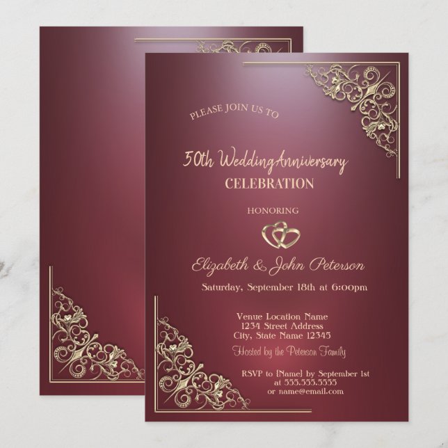 Invitación Corazones Elegantes Marco Rojo Oscuro Boda Anivers (Anverso / Reverso)