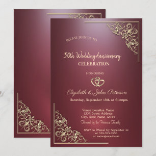 Invitación Corazones Elegantes Marco Rojo Oscuro Boda Anivers