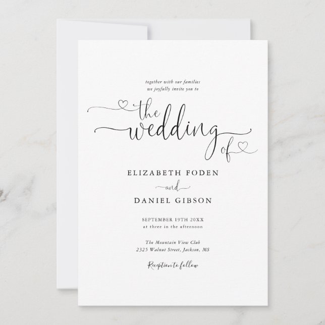Invitación Corazones en Blanco y Negro Caligrafía Boda (Anverso)