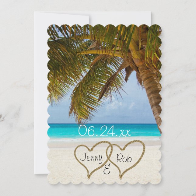 Invitación corazones en la playa boda novia novio invitados (Anverso)