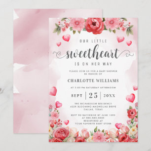 Invitación Corazones florales de Baby Shower, cariño