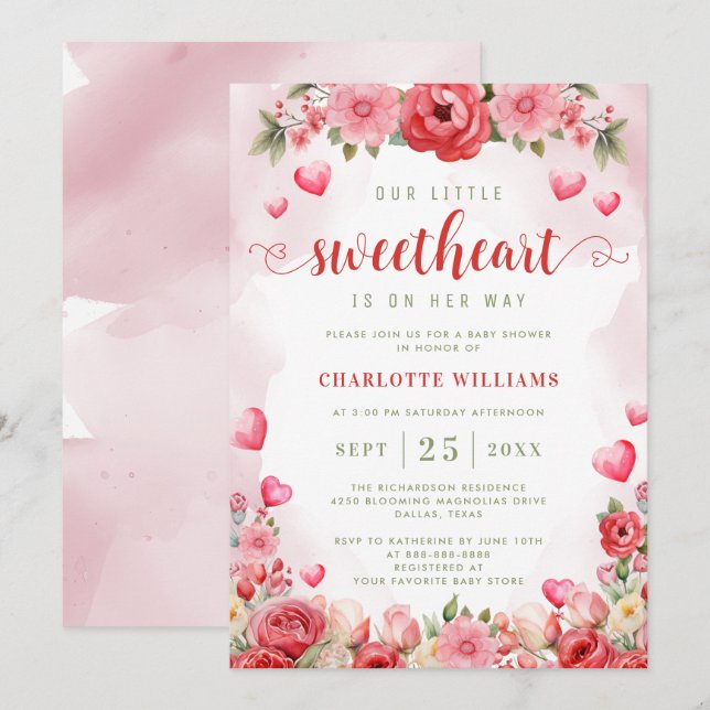 Invitación Corazones florales de Baby Shower, cariño (Anverso / Reverso)