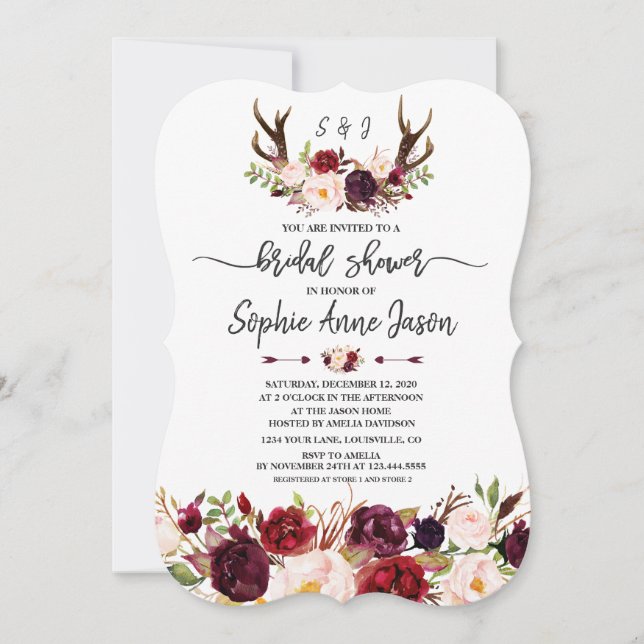 Invitación Corazones florales de Borgoña Escriben a mano Duch (Anverso)