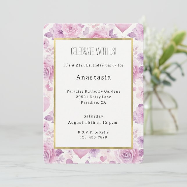 Invitación Corazones Flores Cumpleaños Rosa Morado (Anverso de pie)