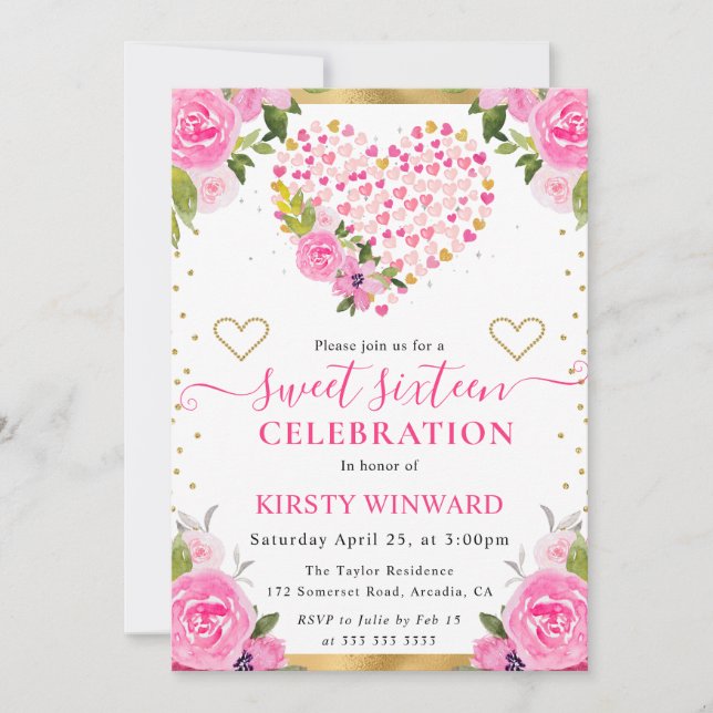 Invitación Corazones Flores Rosadas Acuarela Oro Dulces 16 (Anverso)