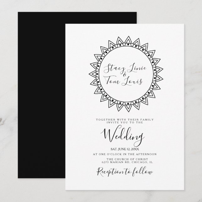 Invitación Corazones Marco Circular Negro Blanco Boda (Anverso / Reverso)