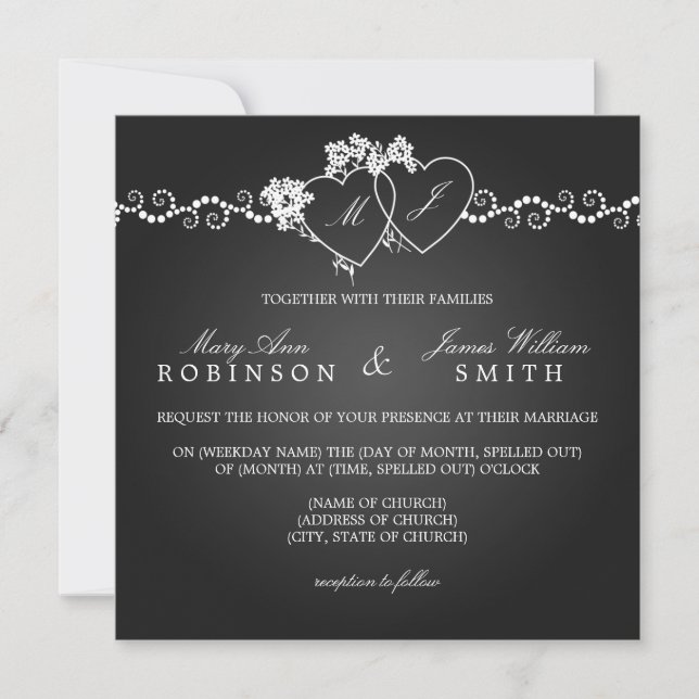 Invitación Corazones monogramados elegantes negros (Anverso)