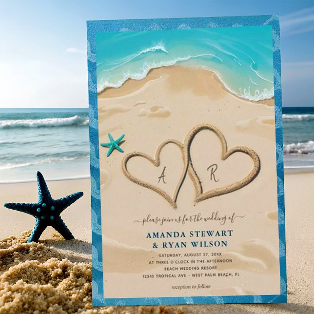 Invitación Corazones monogramas modernos en el Boda de arena (Subido por el creador)