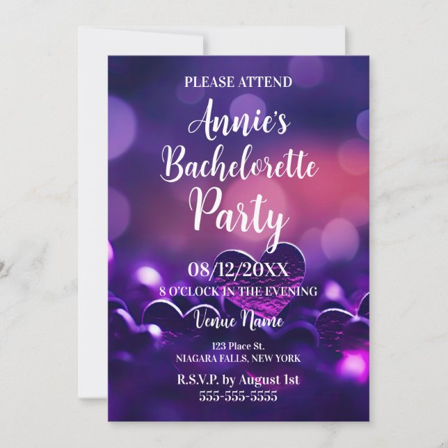 Invitación Corazones Morados Bokeh Despedida de Soltera (Anverso)