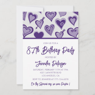 Invitación Corazones Morados Cumpleaños femenino 87