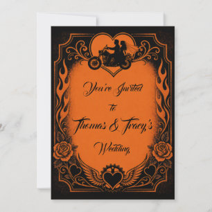 Invitación Corazones Naranja y Negro Motero
