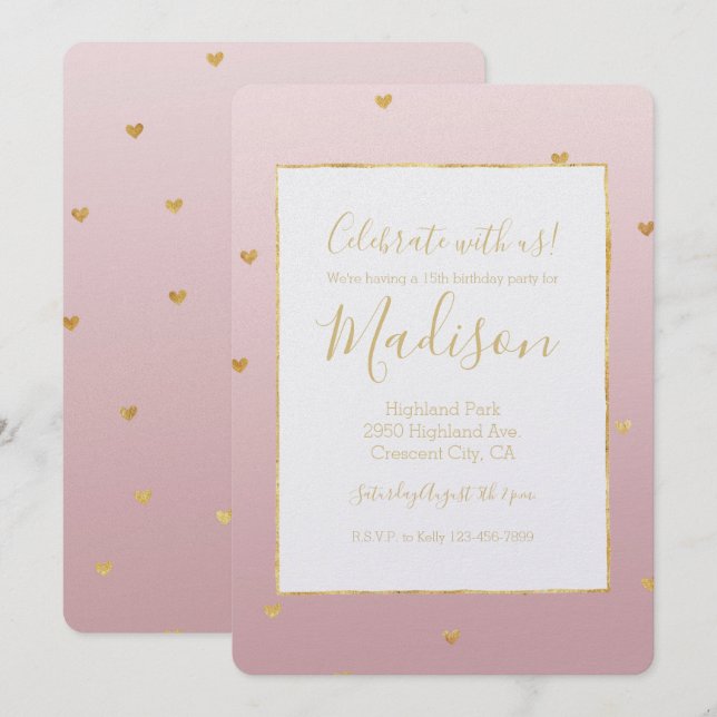 Invitación Corazones Ombre Rosa Rubor Gold (Anverso / Reverso)